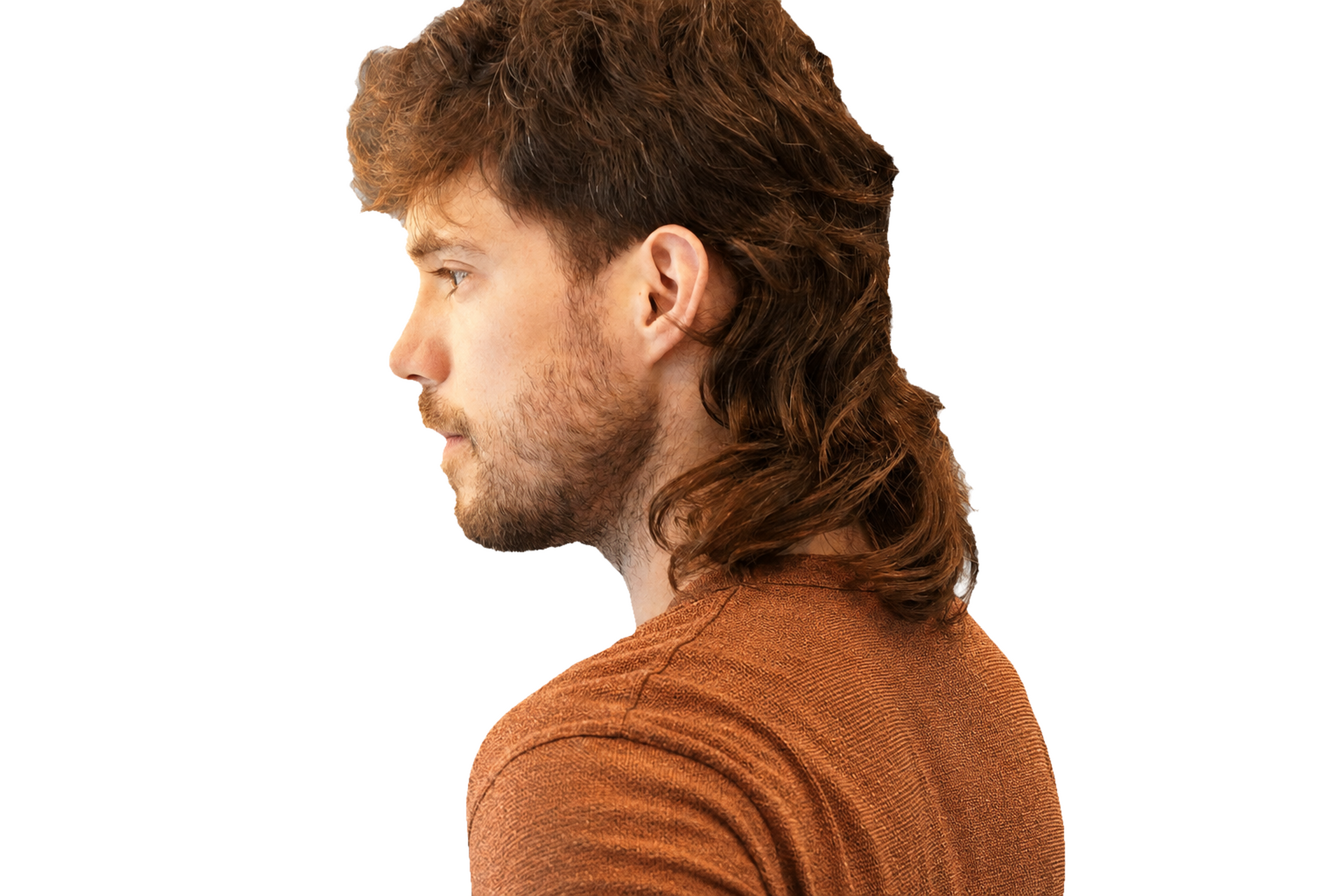 Faust Whale in left-facing profile wearing a copper shirt